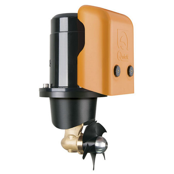 Quick Bow Thruster BTQ 110-25 25KGF 12V model showing compact design and control unit for boat maneuvering.