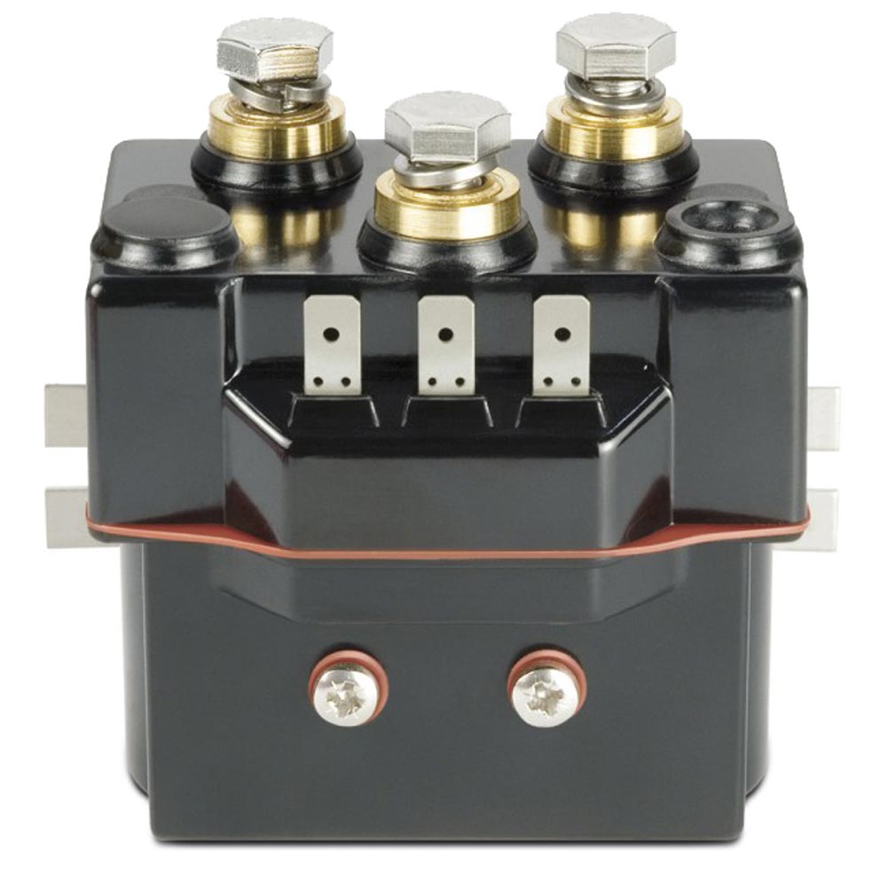 Quick non-reversing 12V solenoid unit for windlass accessories, showing the compact electrical component with wiring terminals.