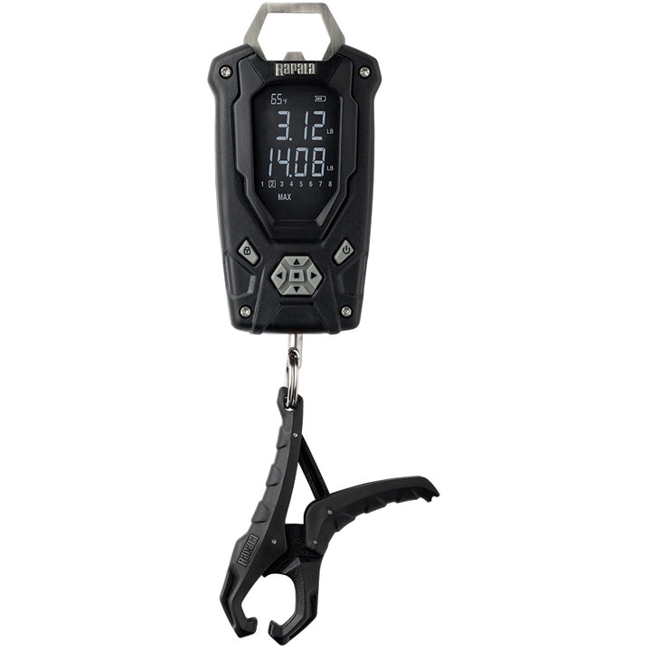 Rapala 50lb high contrast digital fishing scale showing weight display and digital readout, designed for fishing accessories.
