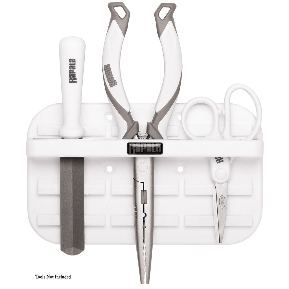 Rapala Anglers Magnetic Tool Holder mounted on a wall, holding fishing tools and gear for easy access.