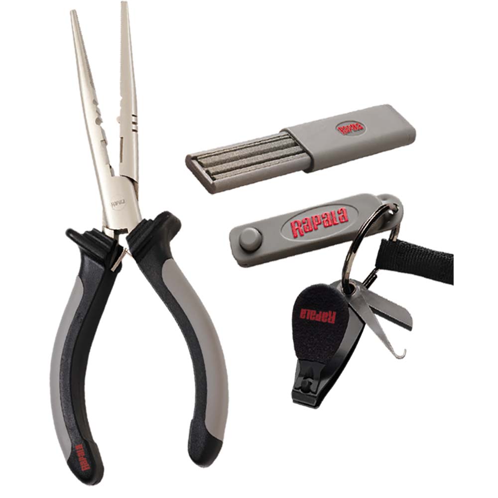 Rapala combo pack of fishing tools including pliers, clipper, punch, and sharpener on a white background.