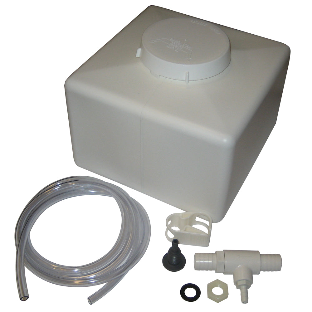 Raritan 2-gallon salt feed unit accessory for LectraSan water treatment system showing the complete salt feeder in black and white.
