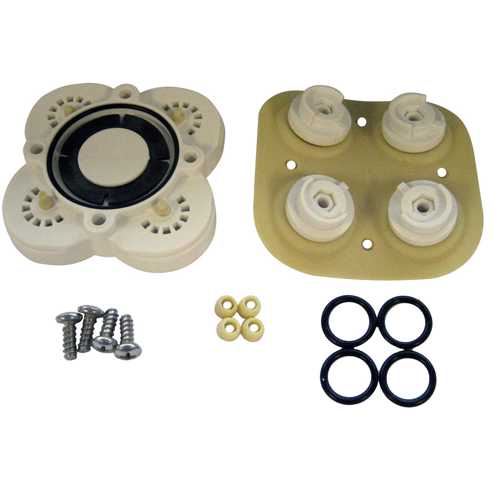 Raritan diaphragm pump repair kit with replacement parts for Raritan accessories, shown on a plain background.