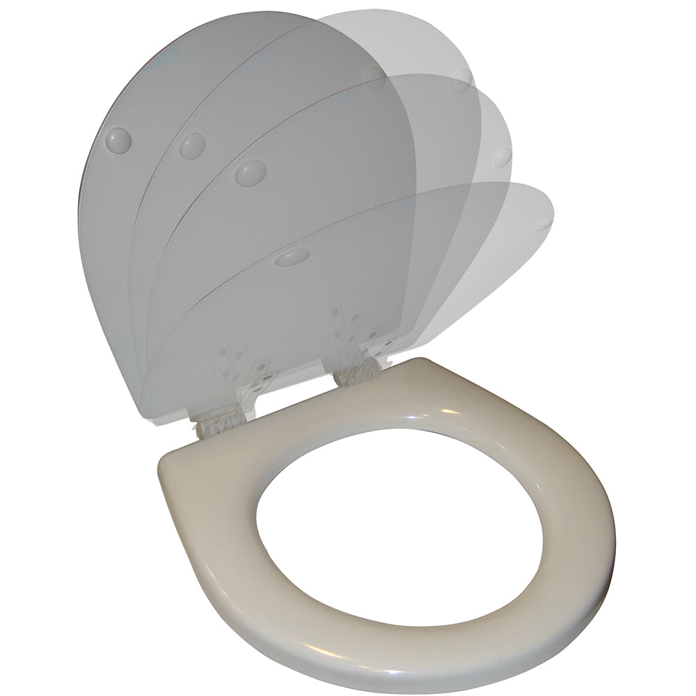 White Raritan slow close toilet seat and cover accessory with soft-close feature, designed for comfort and durability.