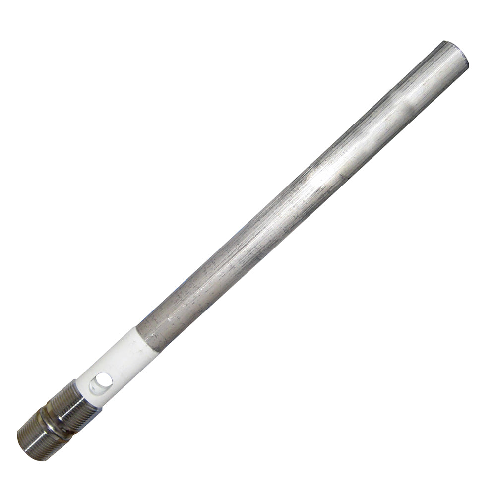 Raritan magnesium anode for 12 and 20-gallon water heaters, shown in a close-up view with a metallic finish and mounting hardware.