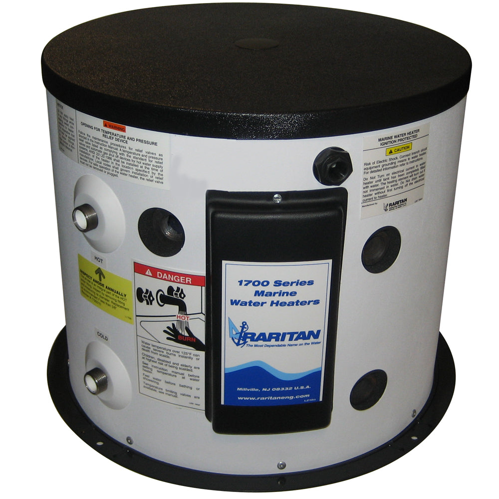 Raritan 12-gallon hot water heater with heat exchanger, 120v, shown with connections and control panel for industrial water heating.