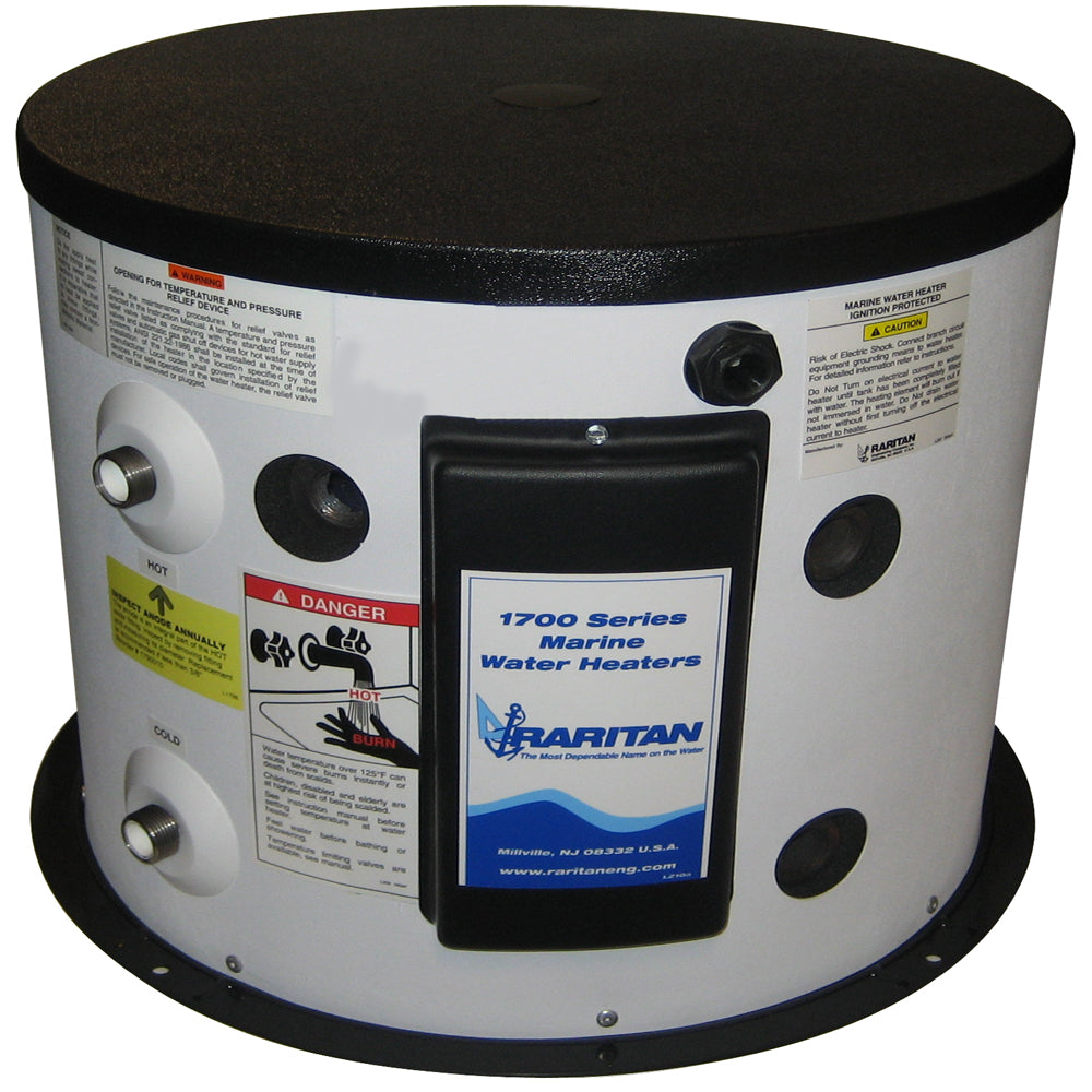 Raritan 20-gallon water heater with heat exchanger, 120V, for hot water supply, shown in a typical installation setting