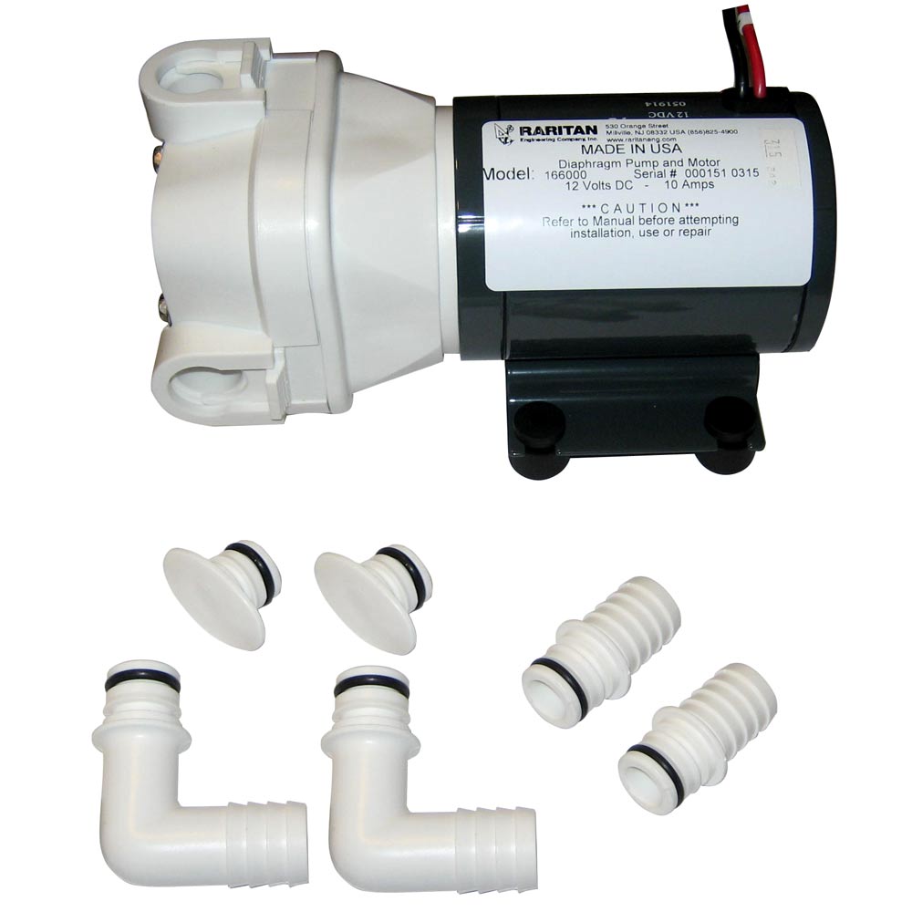 Raritan 12V diaphragm intake pump for marine sanitation system, compact and durable marine pump for boat sanitation applications.