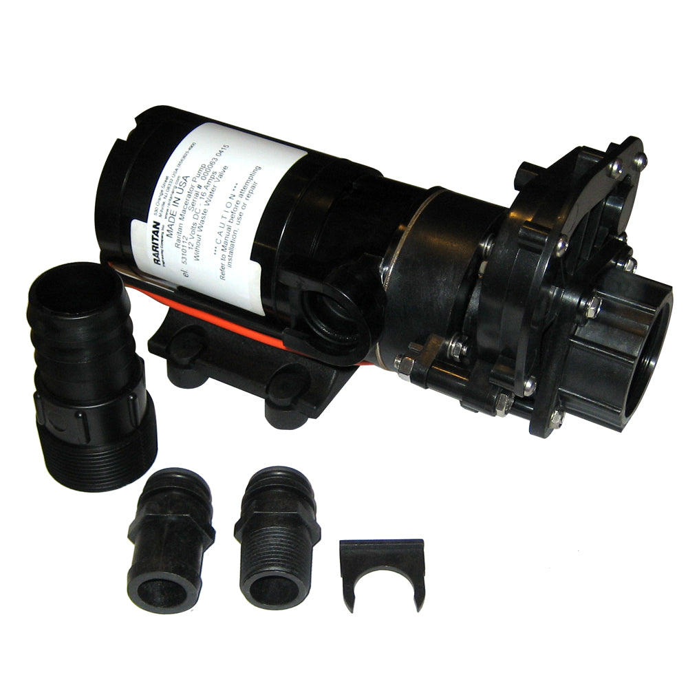 Raritan 12V marine macerator pump with waste valve for sanitation systems, compact and durable for boat use.