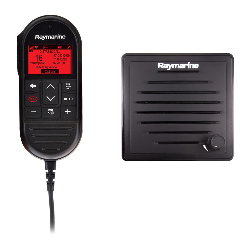 Raymarine Ray90 wired second station kit with passive speaker, RayMic wired handset, and 10m extension cable for marine communication.