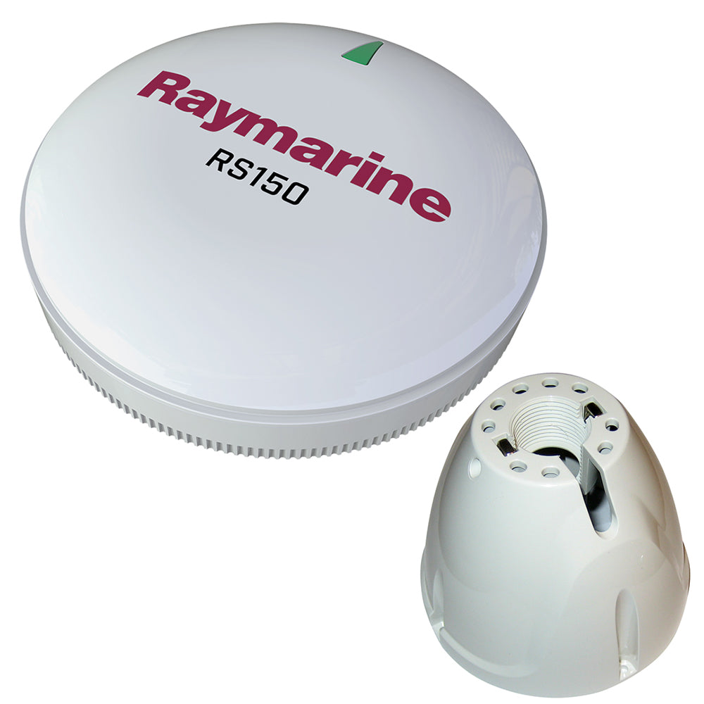 Raymarine RayStar 150 GPS sensor with pole mount, marine navigation accessory, shown mounted on a boat pole.