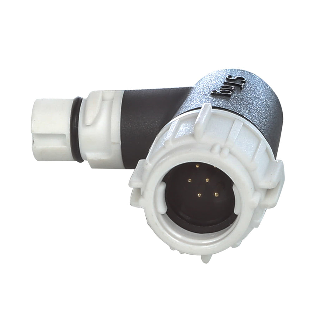 Raymarine ST-Ng right angle adapter for marine accessories, shown in close-up view with connectors and branding details