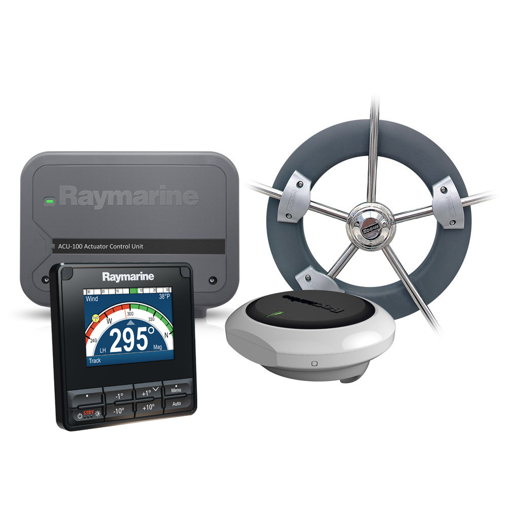 Raymarine EV-100 Wheel Evolution Autopilot for boats, showing control unit with display and steering wheel connection.