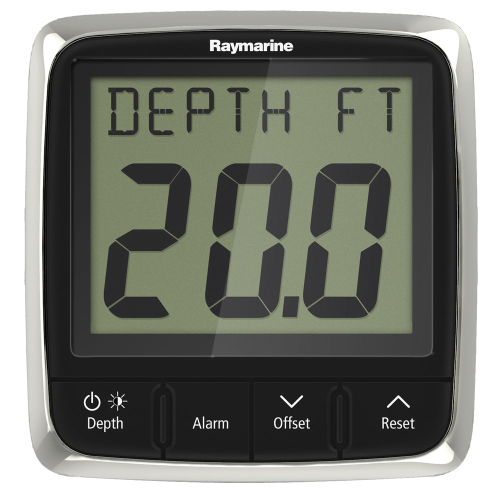 Raymarine i50 depth display system with Thru-Hull transducer showing boat depth readings and instrument interface.