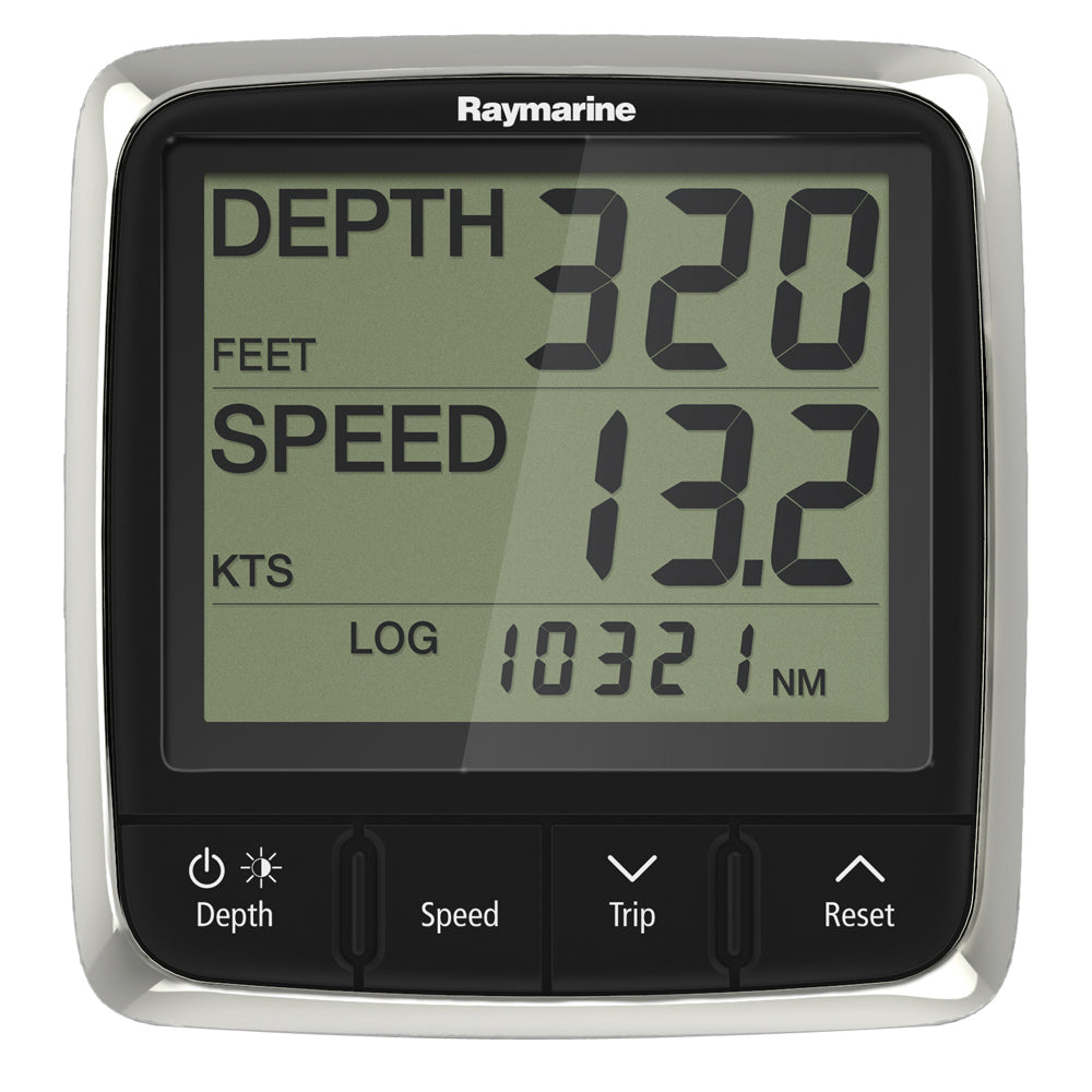 Raymarine i50 Tridata display instrument showing depth, speed, and wind data on a marine navigation screen