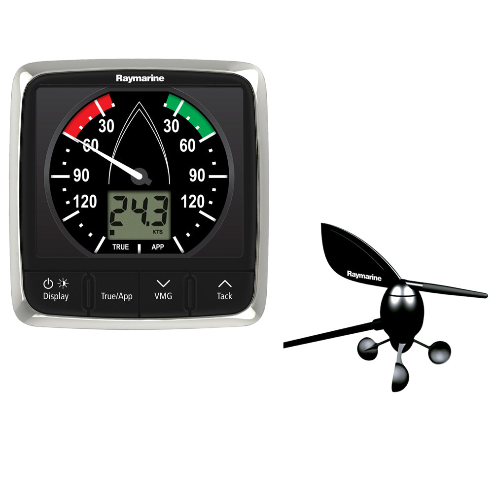 Raymarine i60 Wind Display System with masthead wind vane transducer showing digital wind data on the instrument screen.