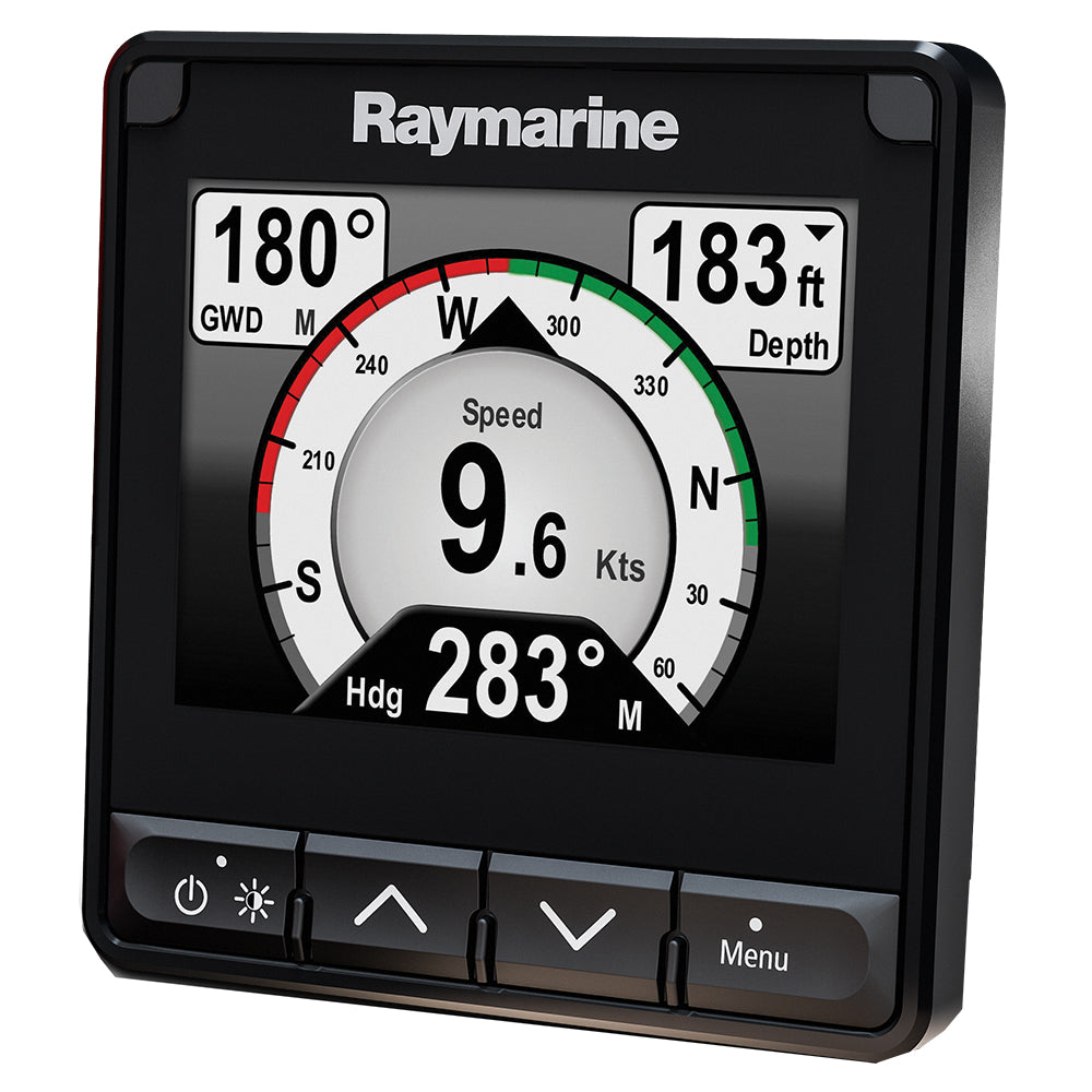 Raymarine i70s multifunction instrument display showing navigation data on a boat dashboard.