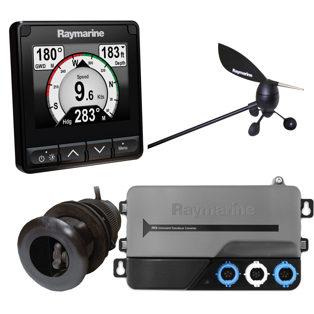 Raymarine i70s system pack with color instrument display, wind and DST transducers, iTC-5, and STng backbone for marine navigation.