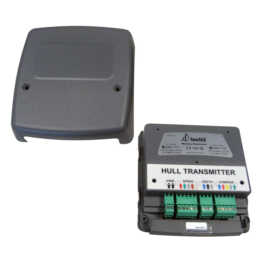 Raymarine T121 Hull Transmitter for marine instruments, showing the device with cables and mounting components.