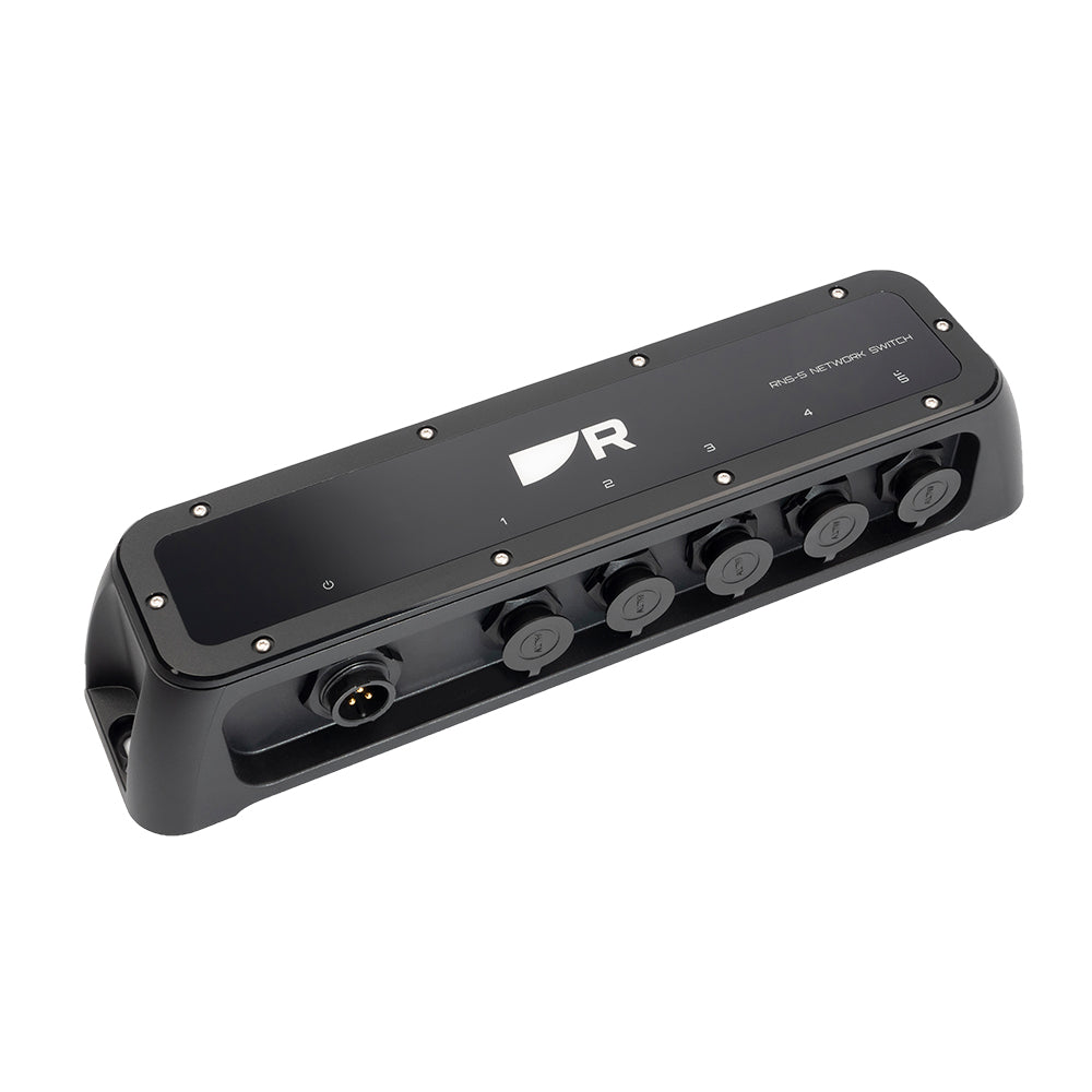 Raymarine RNS-5 5-port RayNet Gigabit network switch with multiple Ethernet ports for marine communication system.