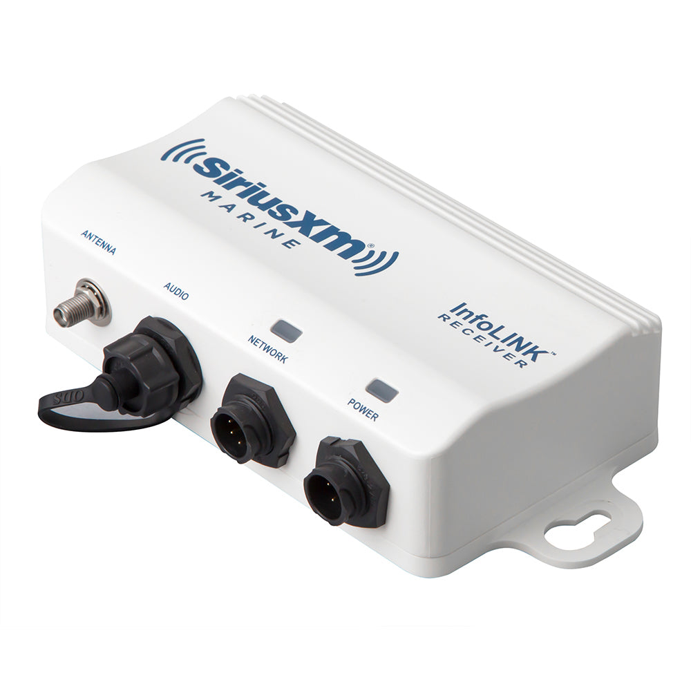 Raymarine SR200 InfoLINK SiriusXM receiver connected to MFD, showing network cable and module setup for marine entertainment.