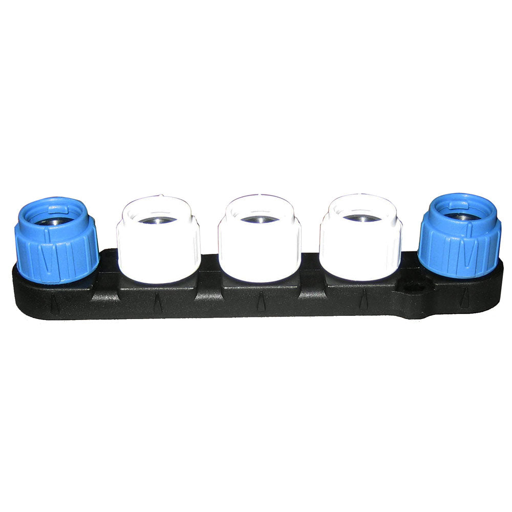 Raymarine SeaTalkng 5-Way Connector for NMEA cables and sensors, shown with multiple port connections on the device.