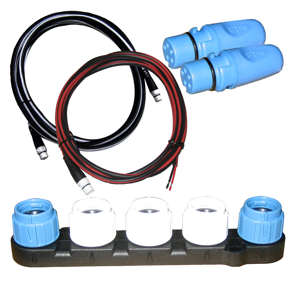 Raymarine SeaTalkng starter kit with NMEA cables and sensors for marine navigation and communication systems.