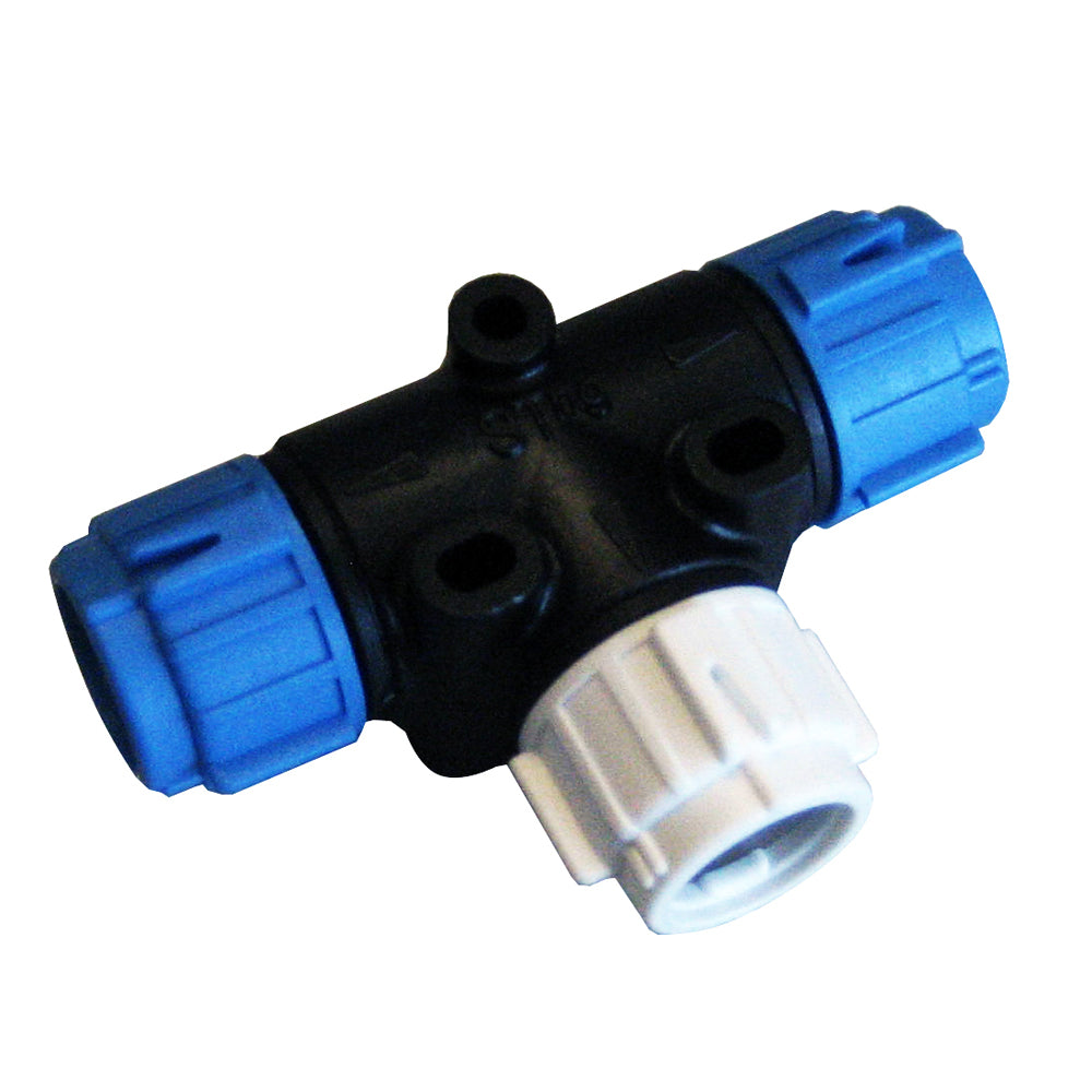 Raymarine SeaTalkng T-Piece connector for NMEA cables and sensors, showing the compact marine networking component.