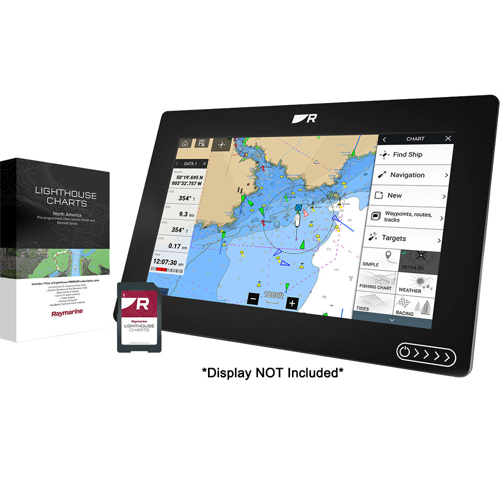 Raymarine LightHouse Chart North America displayed on a marine navigation screen with detailed coastal maps and navigation data.