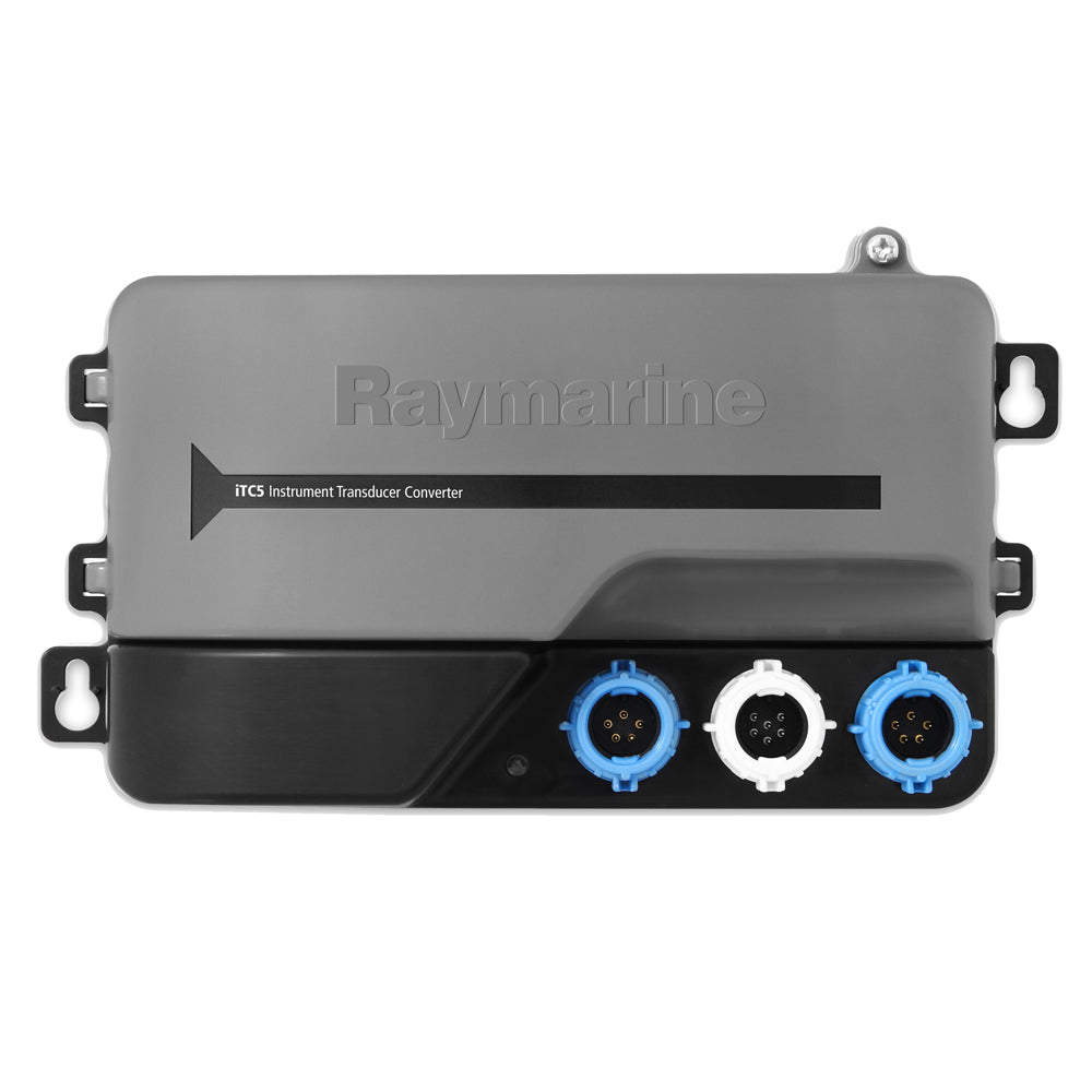 Raymarine ITC-5 analog to digital transducer converter for SeaTalkng, showing compact transducer accessory device with ports and cables.