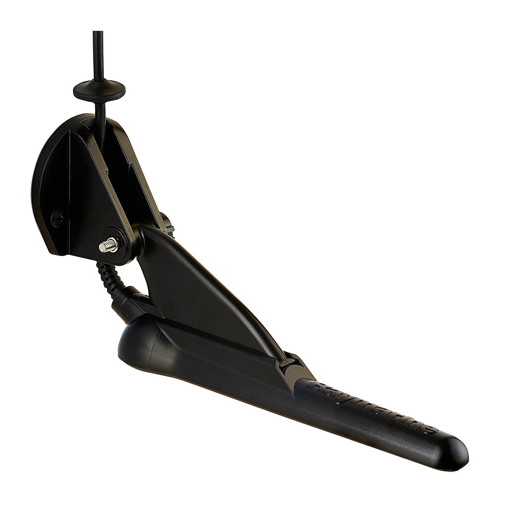 Raymarine CPT-100 DVS transom mount CHIRP transducer for fish finders and sonar systems, with mounting hardware visible.