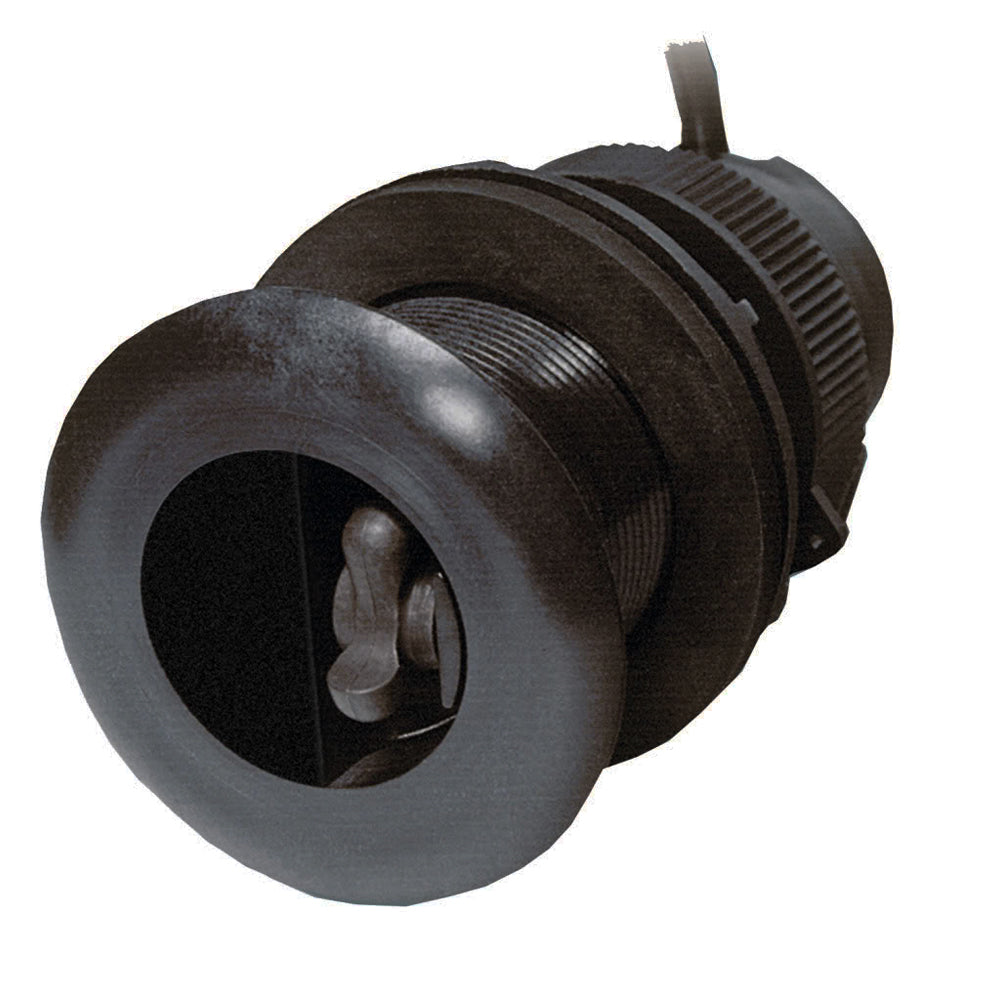 Raymarine DST800 nylon thru-hull transducer showing depth, temperature, and speed sensors for marine navigation.
