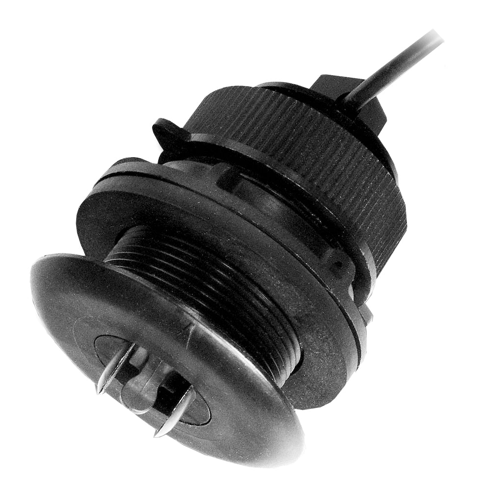 Raymarine ST300 Thru-hull Shorty transducer installed on a boat hull for marine depth and speed measurement.