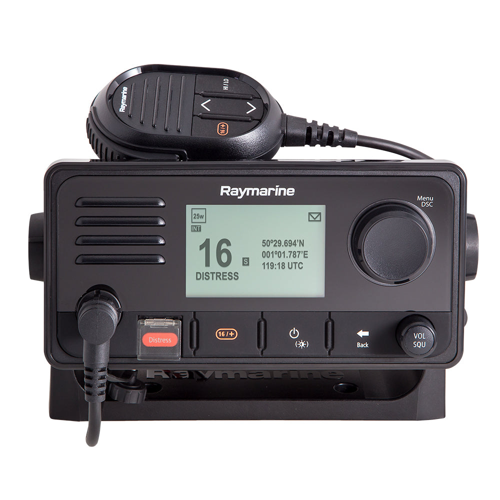 Raymarine Ray63 dual station VHF radio with GPS, fixed mount marine communication device, black with control knobs and display screen.