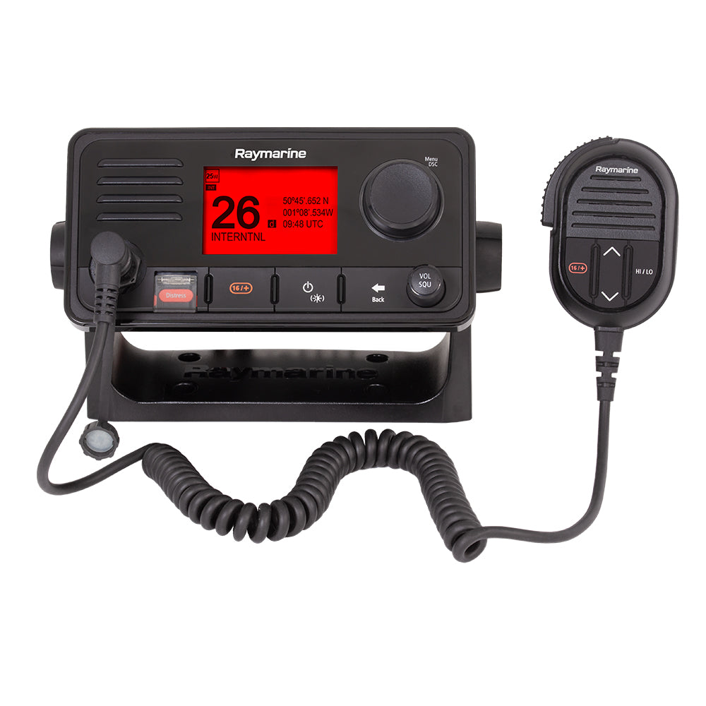 Raymarine Ray73 VHF marine radio with AIS receiver, fixed mount design, showing control panel and antenna connection.