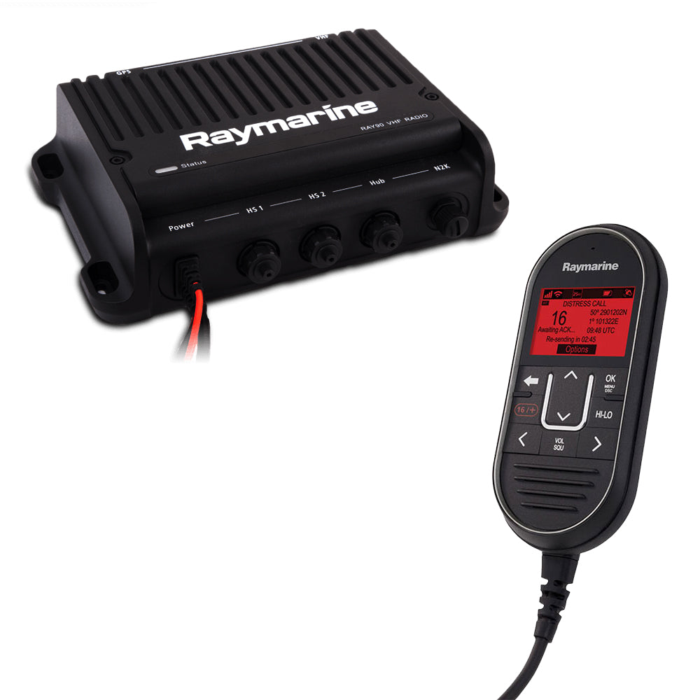 Raymarine Ray90 dual-station VHF fixed mount black box radio system with control units and microphone on a boat dashboard