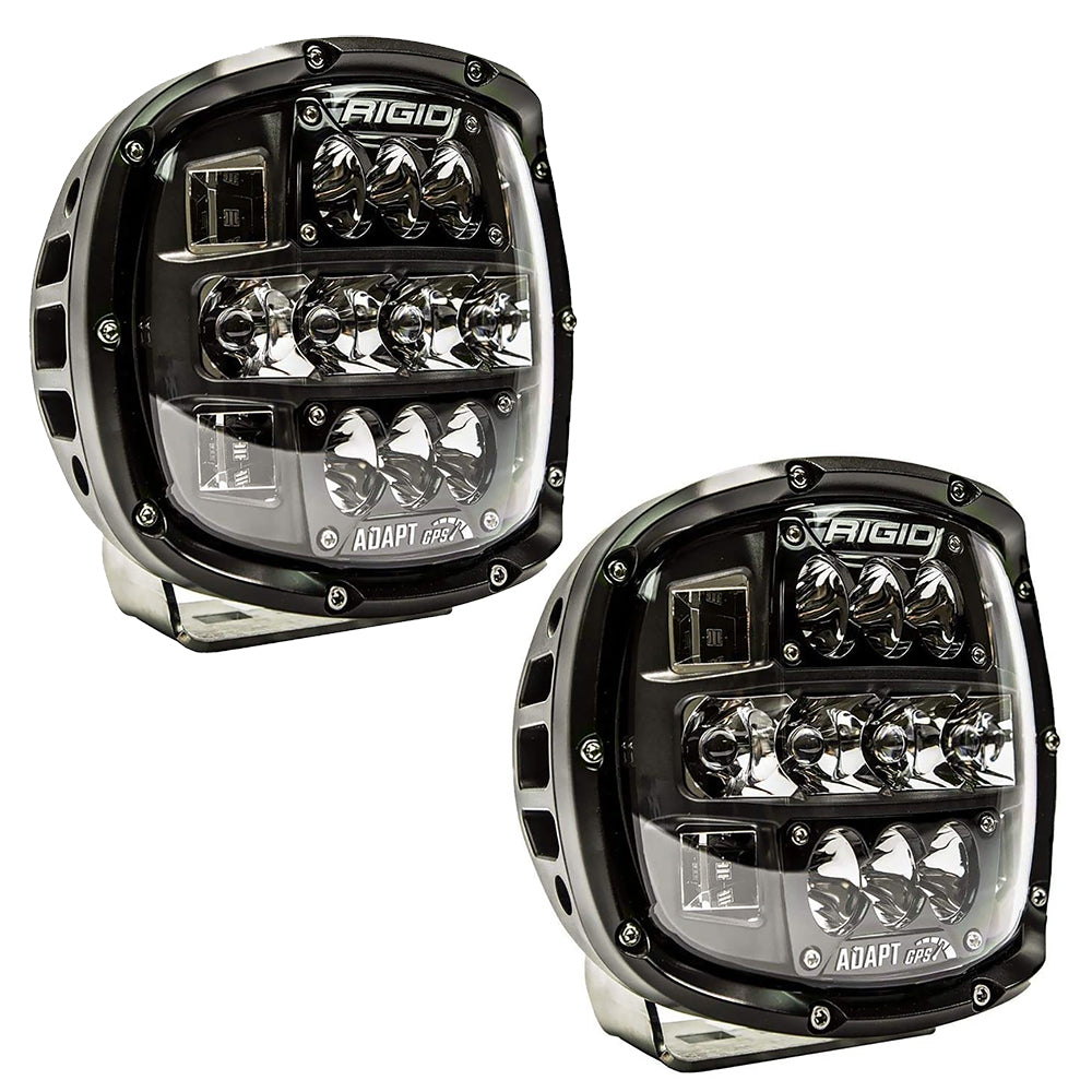 Pair of RIGID Industries Adapt XP flood and spreader lights mounted on a vehicle for enhanced visibility and off-road illumination.