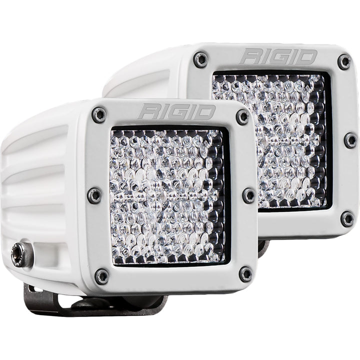 Pair of RIGID Industries D-Series PRO Hybrid-Diffused LED flood and spreader lights in white, designed for off-road and vehicle lighting.