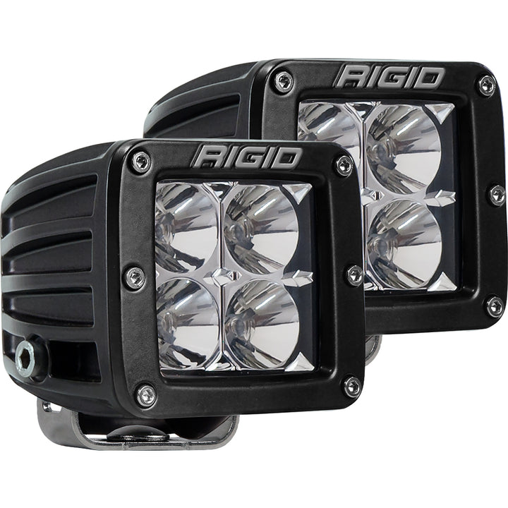 Pair of RIGID Industries D-Series PRO Hybrid-Flood LED lights in black, designed for flood and spreader lighting applications.