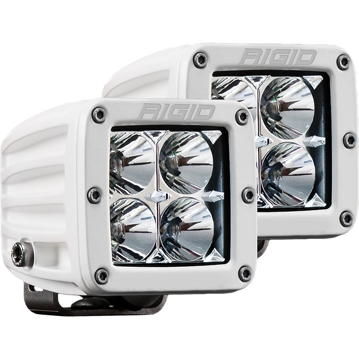 Pair of RIGID Industries D-Series PRO Hybrid-Flood LED lights in white, designed for flood and spreader lighting applications.