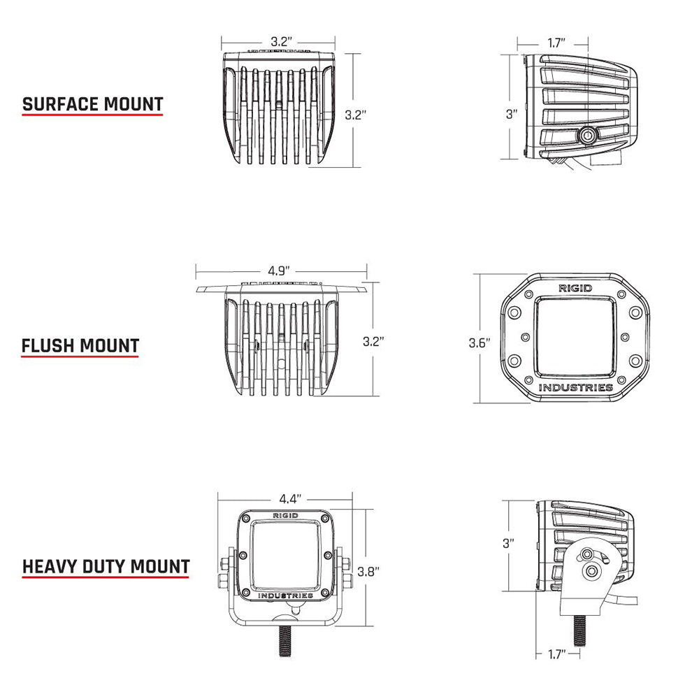 Pair of RIGID Industries D-Series PRO Hybrid-Flood LED lights in white for enhanced flood and spread lighting on vehicles.