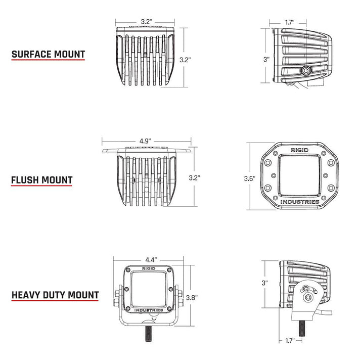 Pair of RIGID Industries D-Series PRO Hybrid-Spot LED flood and spreader lights in black, designed for off-road and outdoor use.