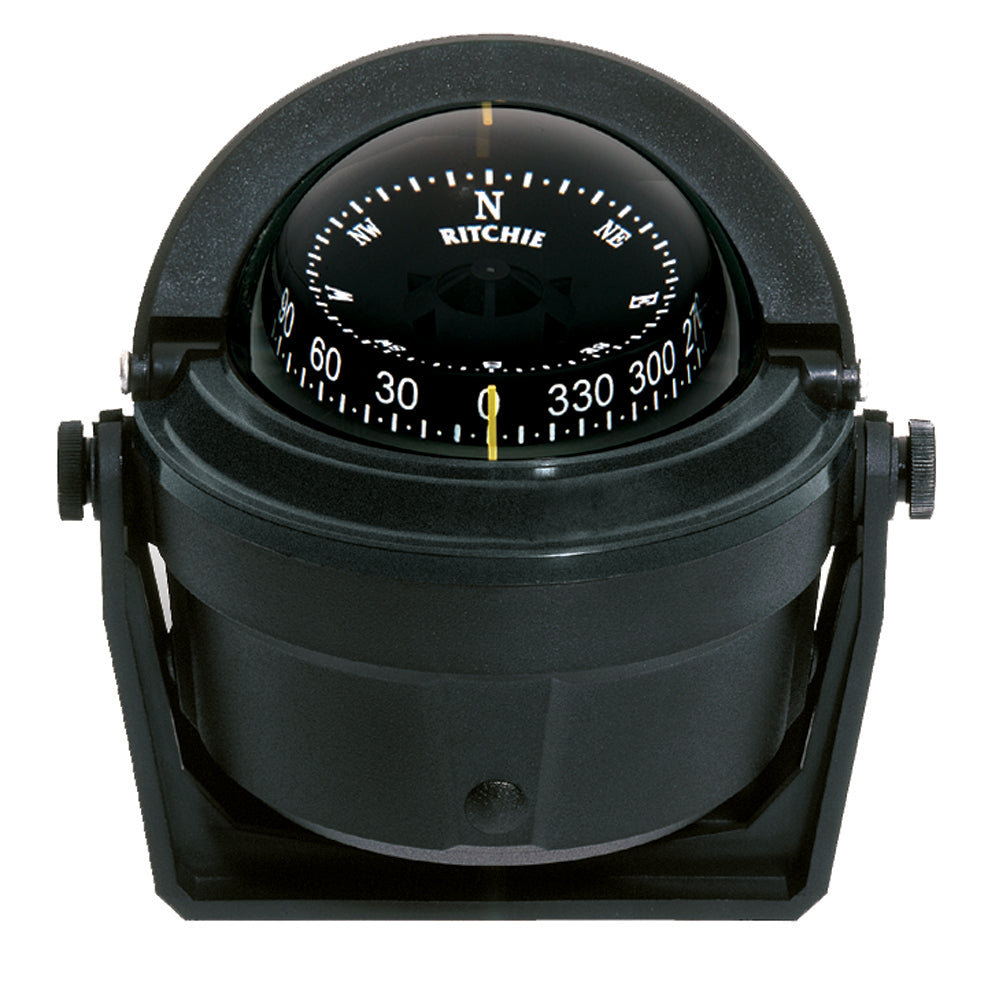 Black Ritchie B-81 Voyager compass with bracket mount, showing the navigational instrument mounted for marine or boating use.