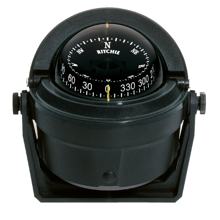 Black Ritchie B-81 Voyager compass with bracket mount, showing the navigational instrument mounted for marine or boating use.