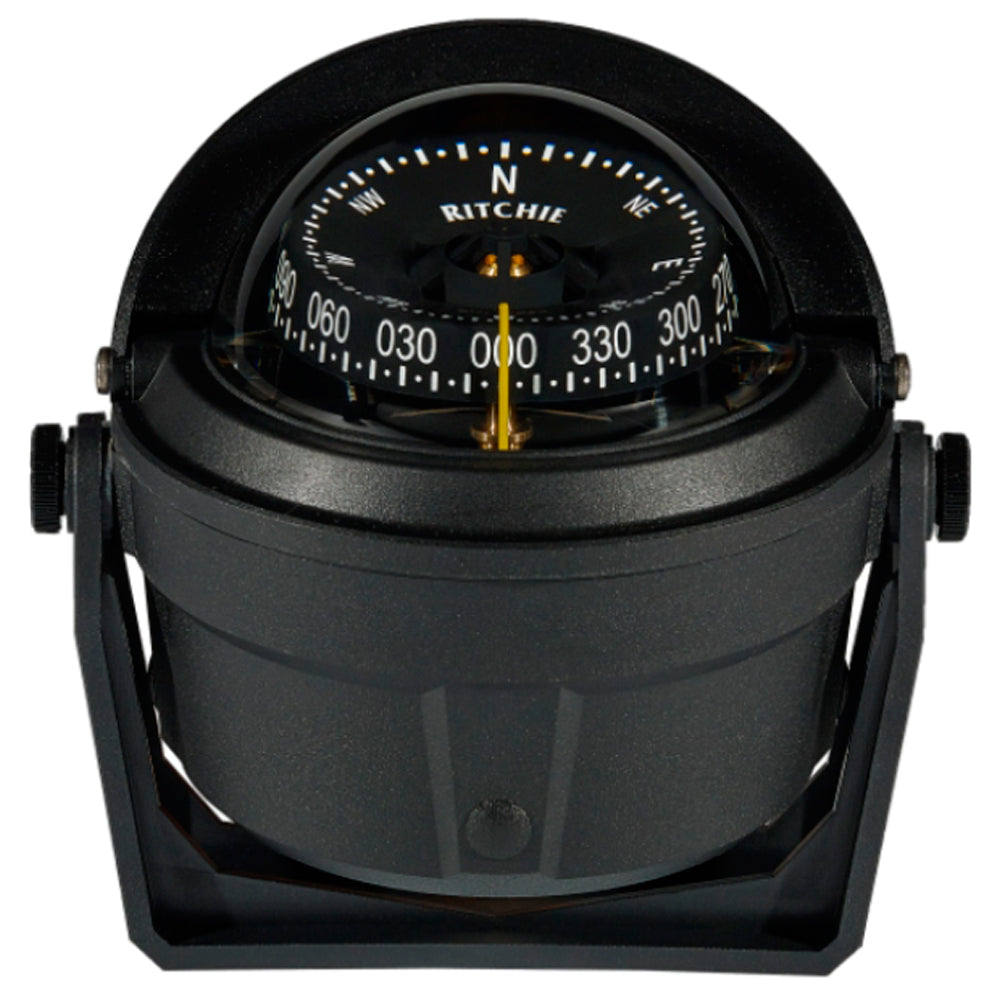 Ritchie B-81-WM Voyager bracket mount compass for lifeboats and rescue boats, Wheelmark approved, on a vessel dashboard.