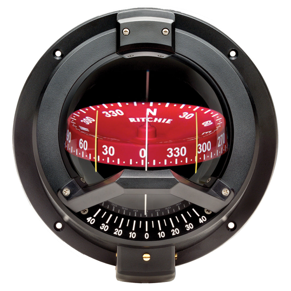 Black Ritchie BN-202 Navigator compass with bulkhead mount, designed for marine navigation and durable use.
