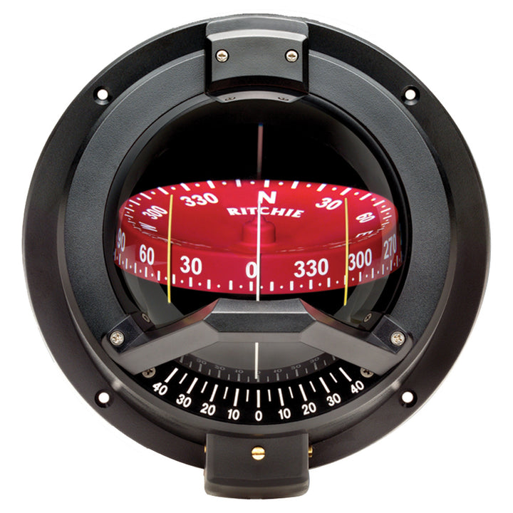 Black Ritchie BN-202 Navigator compass with bulkhead mount, designed for marine navigation and durable use.