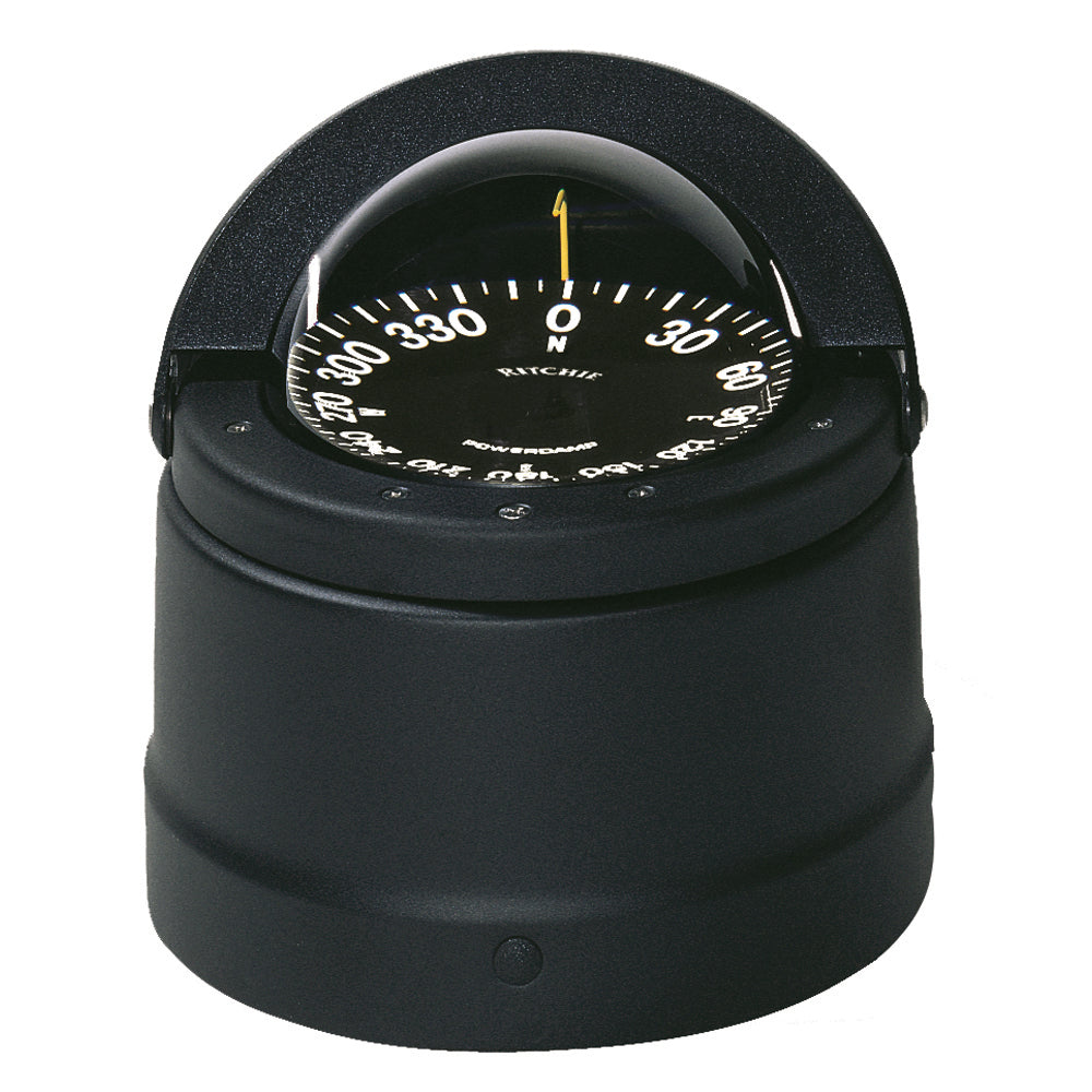 Black Ritchie DNB-200 Navigator compass mounted on binnacle, showing detailed compass dial and mounting hardware.