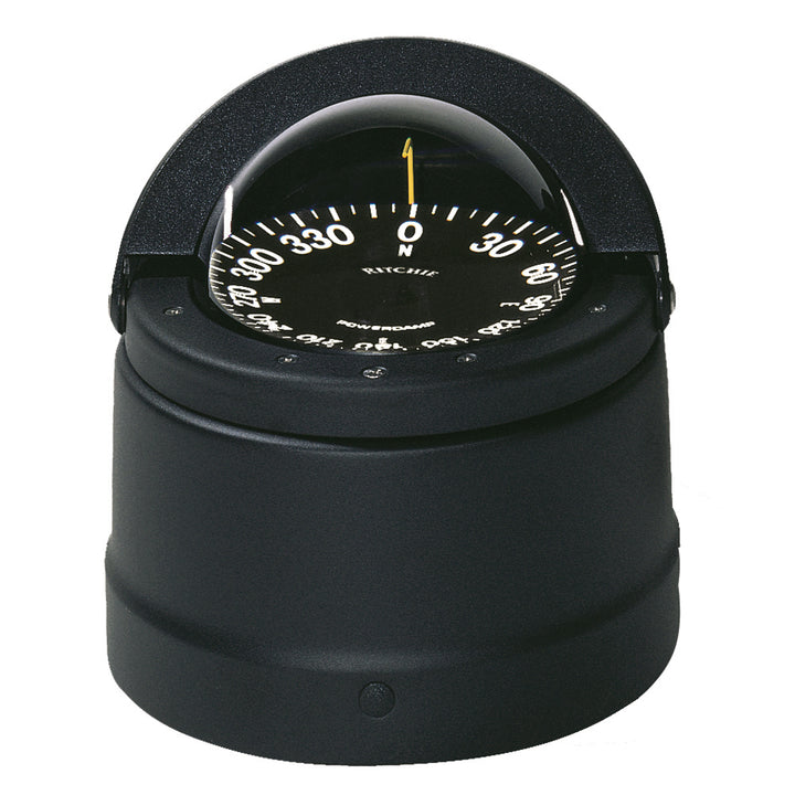 Black Ritchie DNB-200 Navigator compass mounted on binnacle, showing detailed compass dial and mounting hardware.