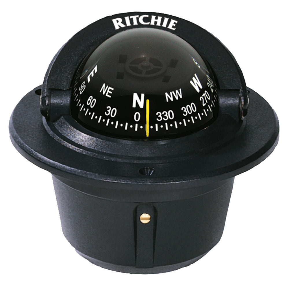Black Ritchie F-50 Explorer compass with flush mount design, ideal for marine navigation and durable outdoor use.